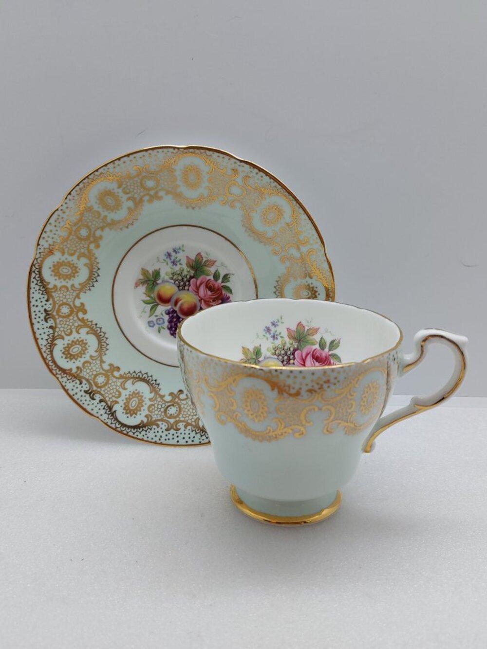 Vintage Paragon Tea Cup & Saucer Fruit And Flower Design Pale Green With Gold